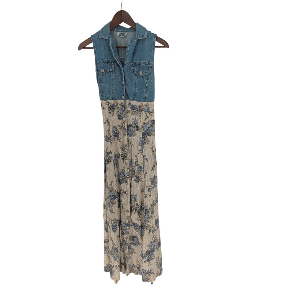 Vintage 90s California Concepts Denim Floral Maxi Dress Cottagecore Western - Picture 1 of 11